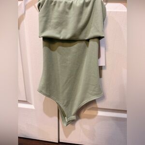 Rib-Knit Strapless Bodysuit in Sage Green